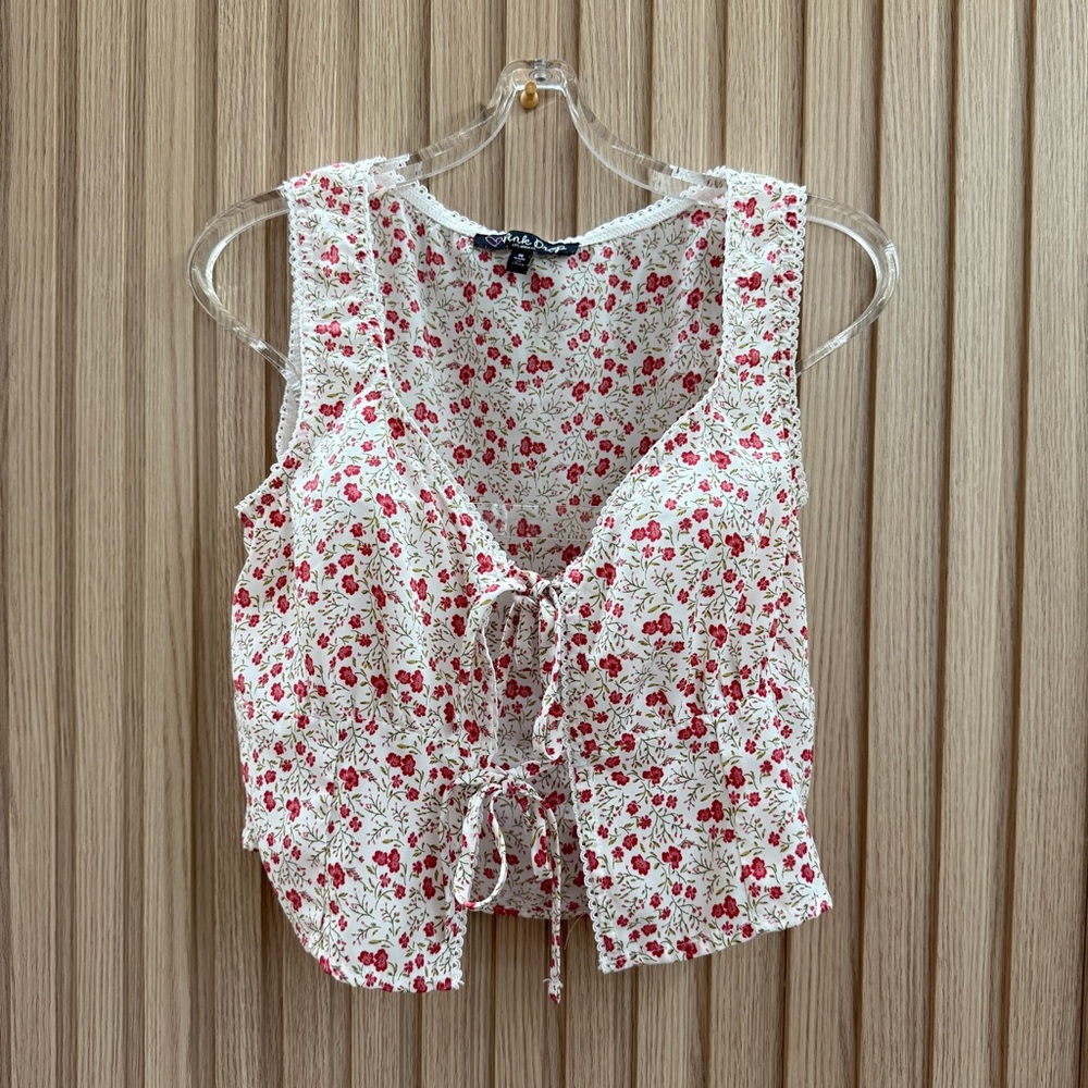 Floral Sleeveless Top - Red and White